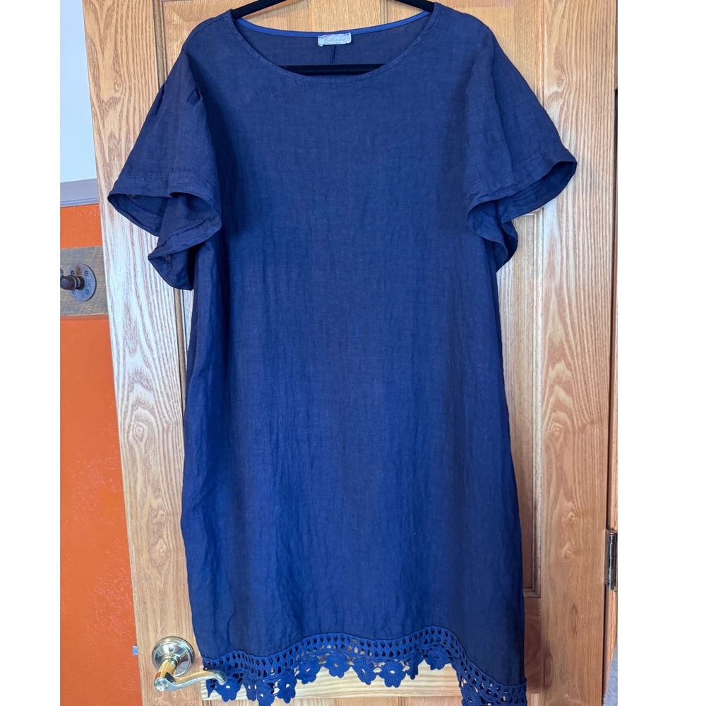 Bellambra Italy Navy Blue 100% Linen Shift Dress Crochet Lace Hem Womens 1X